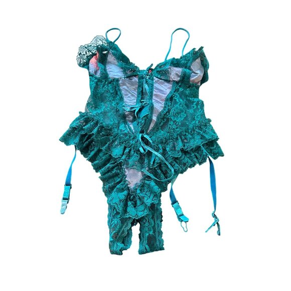 Frederick's of Hollywood Crotchless Lace Slit Bust Teddy Garters Sz L Lingerie - Picture 7 of 12